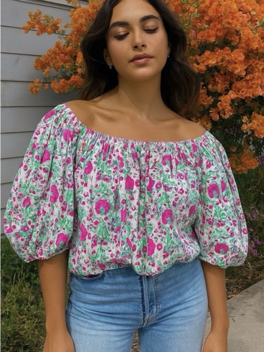 SZ Blockprints Pink & Green Floral Print Top Off the Shoulder Large